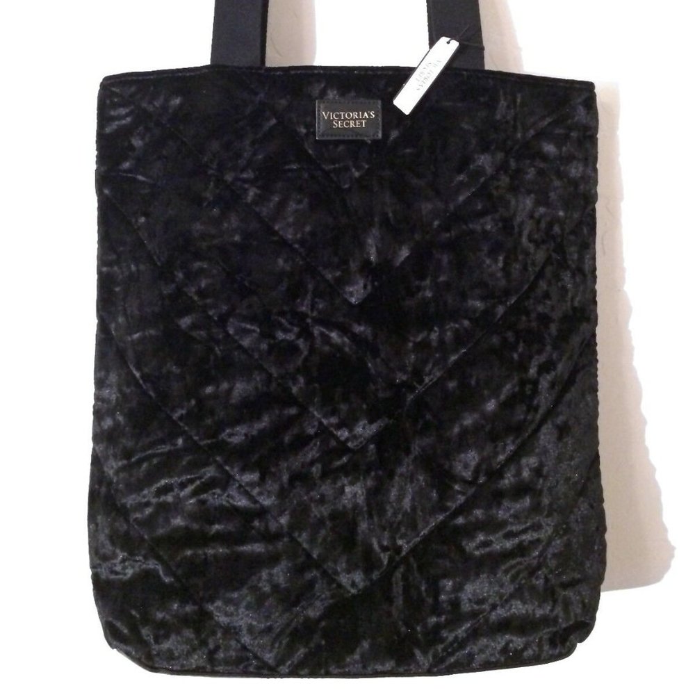 Victorias Secret Tote Bag Black Velvet Chevron NWT